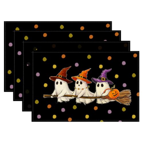 Halloween Ghost Table Placemats Set of 4 - Black, 18 x 12 Inches, Polyester