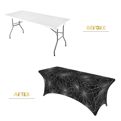 Halloween Spider Web Fitted Tablecloth - 6Ft Rectangular Stretch Spandex Cover with Variation 3x1 Inches