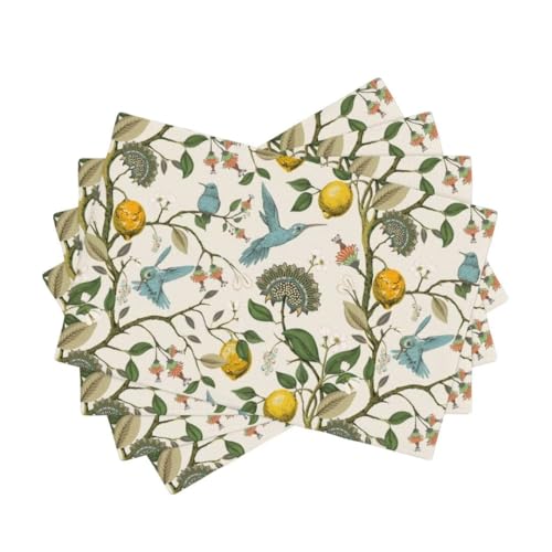 Retro Lemon Placemat Set of 4 - Summer Blue Birds Botanical Flower Table Mats