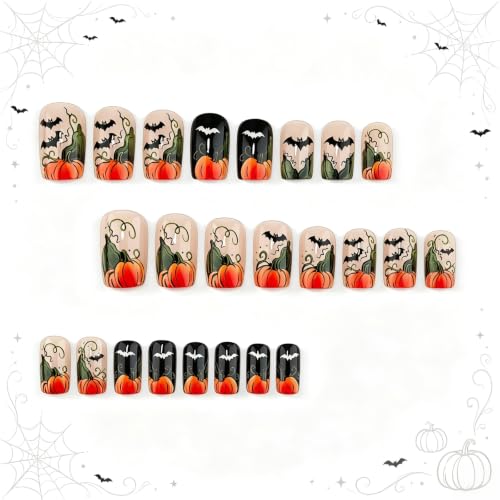 Halloween Press On Nails Short Square Pumpkin Fake Nails - Variation 014