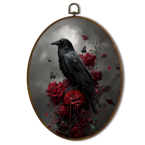 Oval Framed Gothic Black Crow Raven Wall Art - 11.3 x 8.7 Inches, Dark Academia Decor