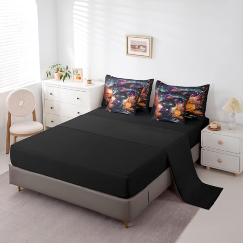 Halloween Black Purple Cat Bed in a Bag Set Full Size with Pumpkin Lantern Decor - Trick or Treat Bedding