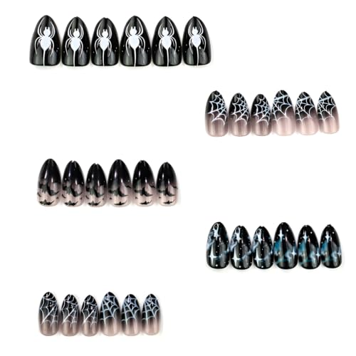 Halloween Press On Nails Medium Almond Fake Nails Black Gradient - Easy to Apply, Spooky Nail Art