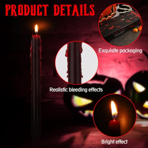 Halloween Bleeding Taper Candles - 8 Pack, 10 Inch Black Candles with Blood Effect