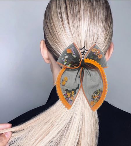 Halloween Mesh Hair Bow Alligator Clip - Big Spooky Costume Accessory (Variation F)