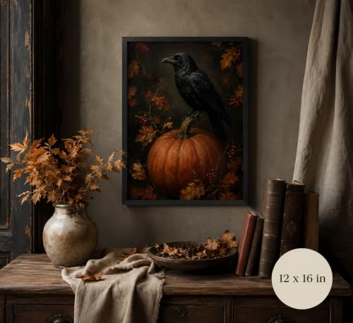 Framed Gothic Raven on Pumpkin Wall Art - Halloween Autumn Decor, 16x12 Inches