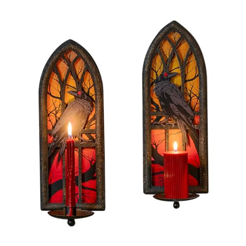 Crow Gothic Wall Candle Sconce Set of 2 - Wrought Iron Candelabra with Removable Trays for Taper & Pillar Candles, Medieval Cathedral Window Design, Dark Academia Decor