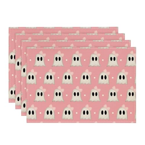 Pink Stripes Ghost Halloween Placemats Set of 4 - 12x18 Inch Rectangular