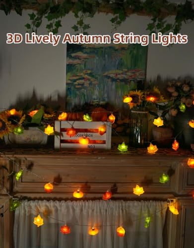 Fall Lights Battery Operated 3D Maple Leaves Pumpkins Acorns 10FT 20LED 8 Modes - Autumn Decor