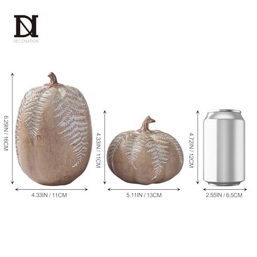 Fall Pumpkin Decorations Set - Brown Faux Pumpkins with Leaf Carving, 2 Pieces