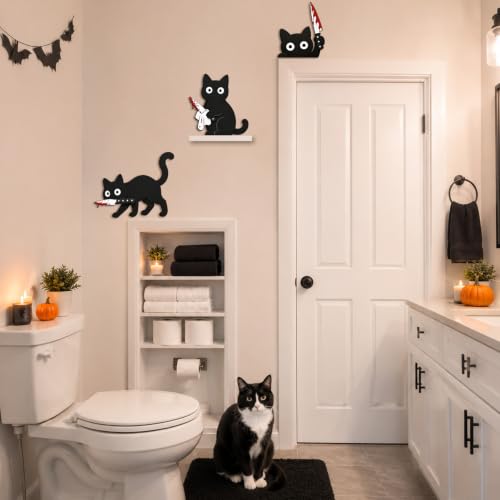 Halloween Wall Decor Set of 3 Black Cats with Knife - Spooky Wooden Party Decorations