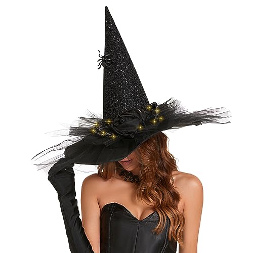 Black Spider Witch Hat Halloween Costume with LED Light and Gauze Feathers - Variation of THIS listing