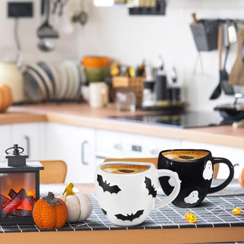 Halloween Coffee Mug Set - 14 oz Ceramic Ghost & Bat Cups, Spooky Holiday Drinkware