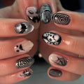 Halloween Press On Nails - Medium Oval Fake Nails with Spiders & Bats - Style-08, Black, 24Pcs
