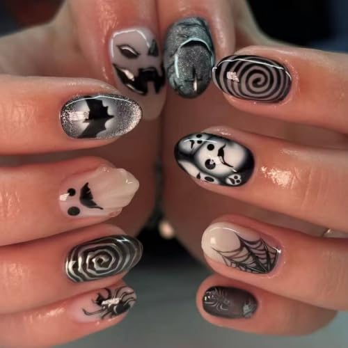 Halloween Press On Nails - Medium Oval Fake Nails with Spiders & Bats - Style-08, Black, 24Pcs