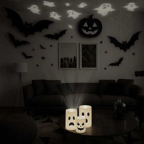 Halloween Ghost Projector Candles Set - Flameless LED Party Decor - 3 Pieces - Ghost Variation