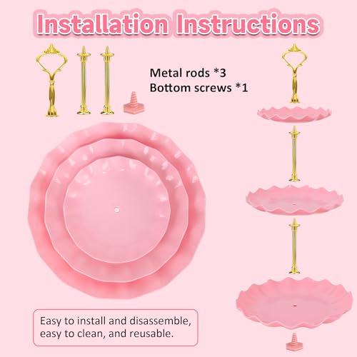 Pink Plastic 3-Tier Cake Stand with Metal Rod - Dessert Display for Parties