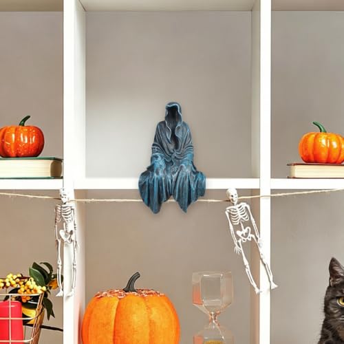 Gothic Resin Sitting Figurine - Blue Grim Reaper Shelf Decor for Halloween & Gothic Rooms
