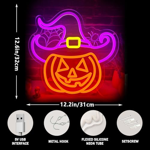 Halloween Neon Sign Pumpkin Witch Spider Neon Light Wall Decor - Purple, Yellow, Orange - Kids Room, Bar, Club