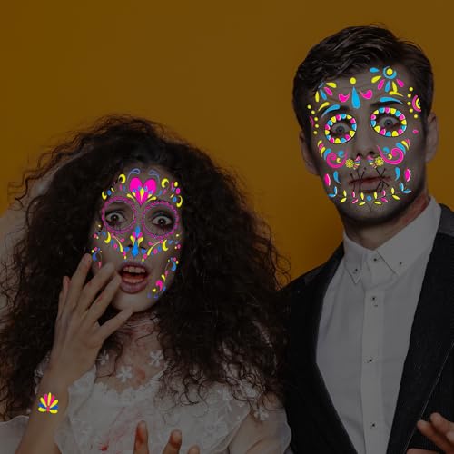 Glow UV Skeleton Temporary Tattoos - Day of The Dead Sugar Skull Face Stickers, 9 Sheets