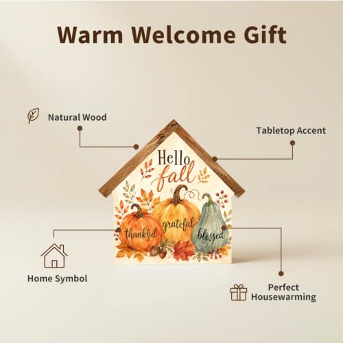 Hello Fall 03 Pumpkin Thanksgiving House Shaped Wooden Sign - Autumn Decor