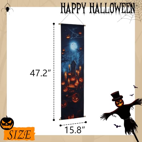 Halloween LED Canvas Backdrop - Graveyard Scene with Pumpkin & Pumpkin in Front of the Tombstone Variation