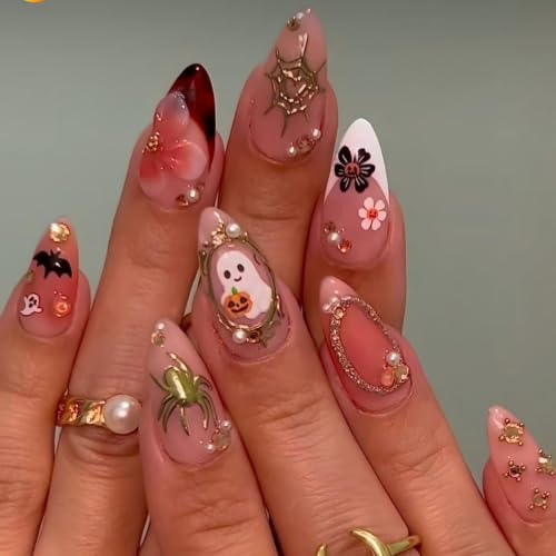 Medium Almond Pink 3D Ghost Spider Flower Halloween Press On Nails - Reusable