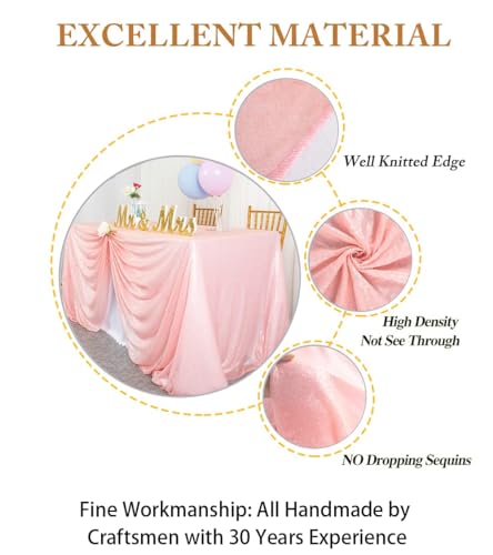 Pink Sequin Rectangle Tablecloth 90x132 Inch for 6FT Tables - Baby Pink Glitter Wedding Party