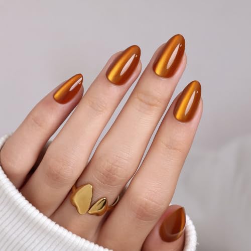 Short Almond Press-On Nails - Burnt Orange Cat Eye Nails - Maple Syrup 1E