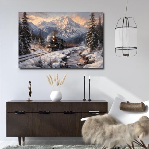 Winter Train Scenery Canvas Wall Art Poster - A01 18x12 Inches, Farmhouse & Living Room Decor