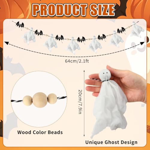 7 Ft Halloween Ghost Bat Garland with Wooden Beads, Rustic Indoor Outdoor Decor
