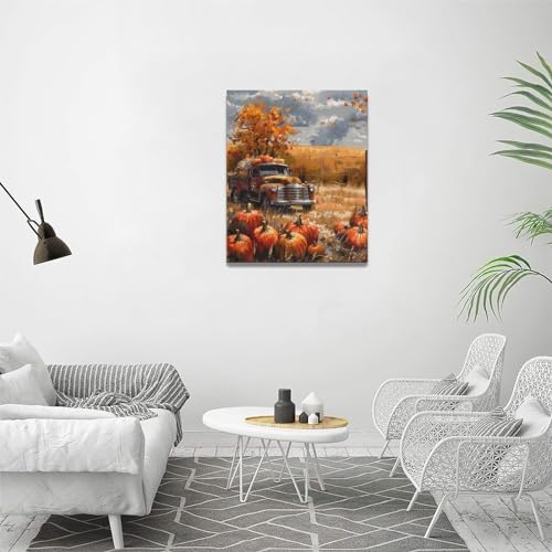 Fall Pumpkin Truck Wall Art Canvas - Farmhouse Autumn Decor for Bedroom & Living Room - 20x16