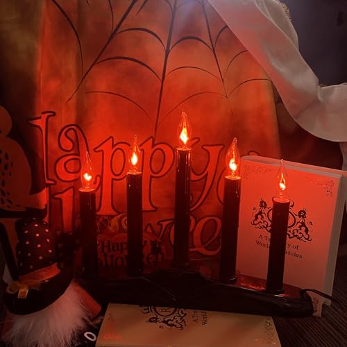 Black 5-Light Electric Window Candles with Flickering Flame Bulbs for Halloween Decor