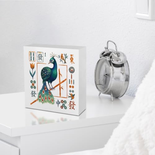 Wooden Bird Mahjong Desk Sign - White 1479, Rustic Table Decoration