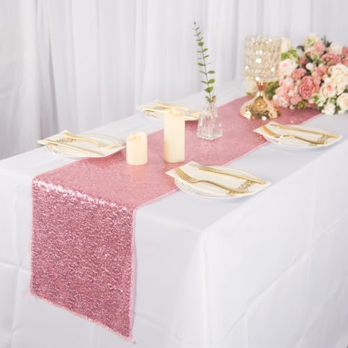 Sequin Table Runner 12x108 Inches Pink Glitter Overlay for Wedding Party - Pack of 2