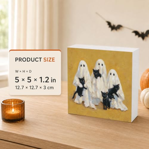 Halloween Wood Box Decor - Ghosts and Black Cats Sign - Style 34 - 5x5 Inch