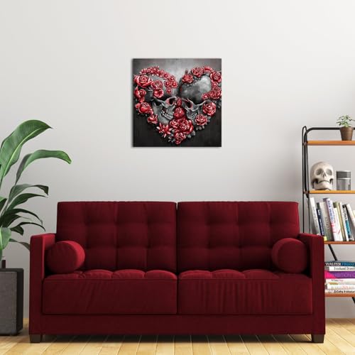 Gothic Skull and Roses Wall Art - Red Floral Heart Design, 20x20 Inch