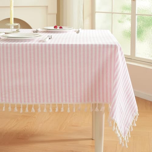 Pink Rectangular Tablecloth 55 x 70 Inch Cotton Blend Boho Picnic Decor with Tassels