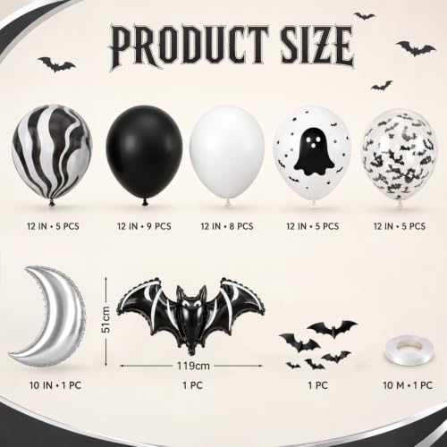 Black Silver Halloween Balloons Set with Ghost, Bat & Moon Foil - Party Decorations