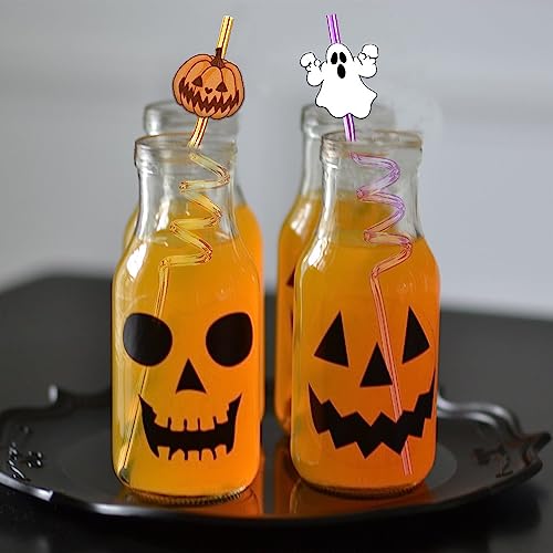 Halloween Crazy Straws Set - 24pcs with Pumpkin Ghost Bat Designs & 8 Colors + 2 Brushes