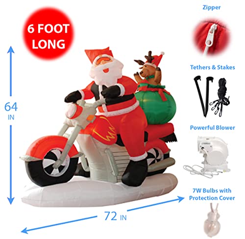 6 FT Outdoor Inflatable Santa Claus & Reindeer on Motorcycle - Weather-Resistant Holiday Decor