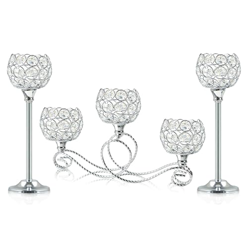 Silver 5 Arm Crystal Tea Light Candle Holder Set of 3 - Elegant Wedding & Holiday Decor