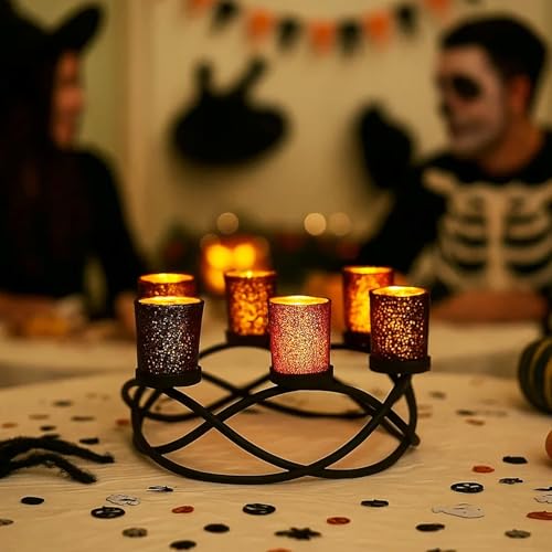 Halloween Centerpiece Tealight Holder - Orange & Black Indoor Decor Variation of Black/Orange