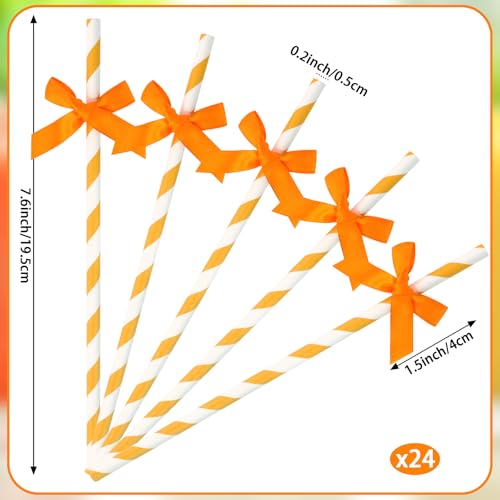 Orange Bow Striped Paper Straws - 24 Pack Biodegradable Disposable Drinkware for Parties