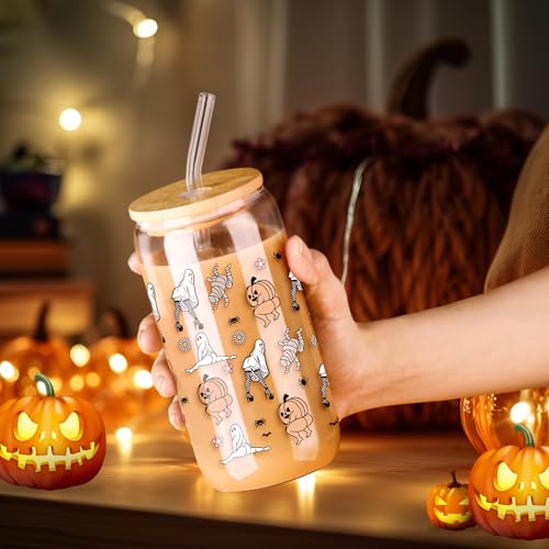 Funny Halloween Ghost Glass Cups with Lid & Straw - 16 oz Boo Basket Stuffer