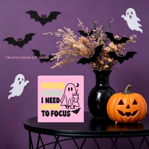 Cute Halloween Decor Wooden Sign - I Need Coffee to Focus Pink Variation