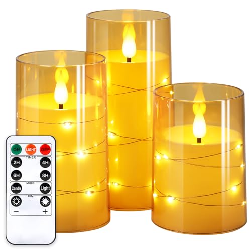 Flickering Flameless Candles with Star String Lights - 3 Pack Gold 4-5-6 Inch