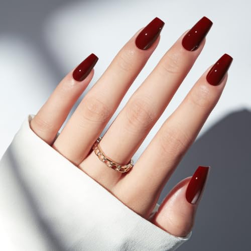 Modelones Coffin Press On Nails Short Fake Nails Dark Red A4 - Reusable, Easy Application