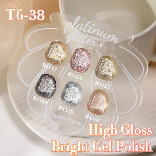 Double Rhythm Glitter Gel Polish Set - 6 Colors, 15ml Full Size Kit with Display - Platinum Glitter Variation