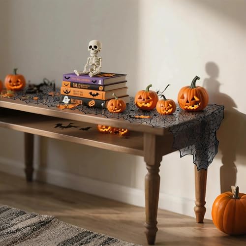 Halloween Spider Web Table Runner Black Lace Polyester Spooky Decor